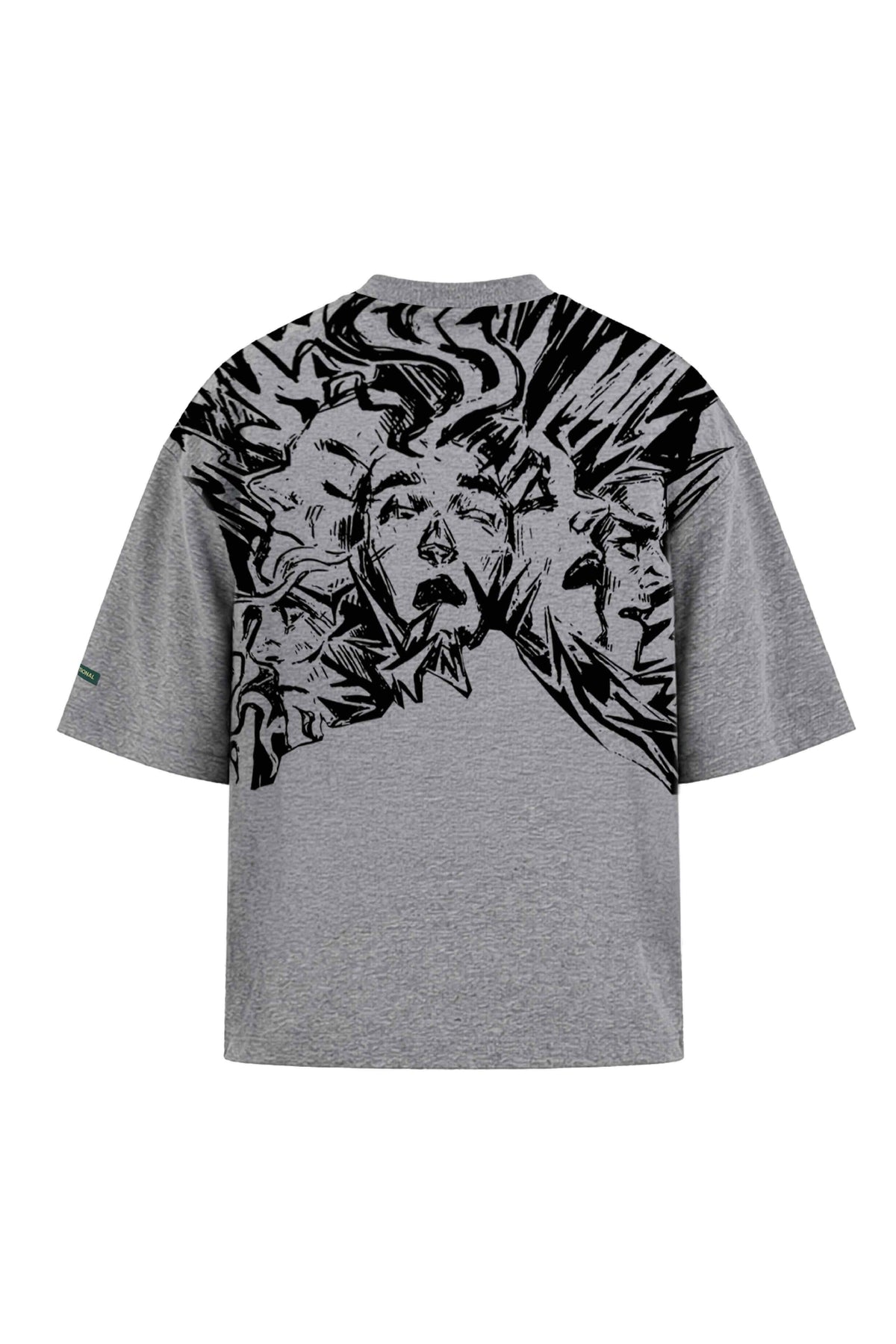 Soul Bound Lounge T-shirt (Unisex): grey back product view with abstract face graphic