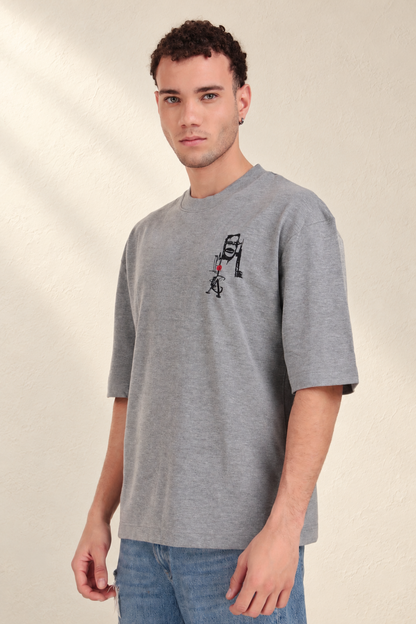 Tribal Masks Lounge T-Shirt: model wearing the grey T-shirt, front view