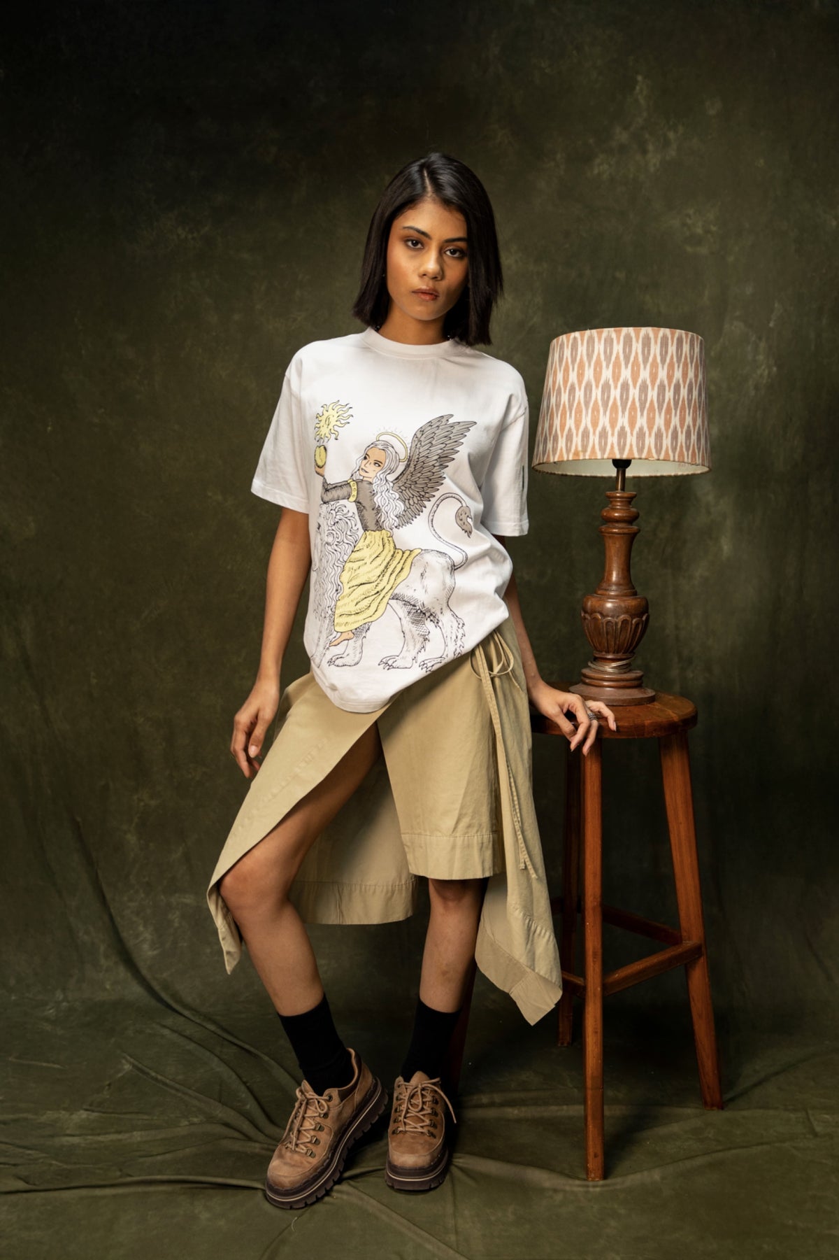 Yellow Apple Classic T-shirt (Unisex): model wearing the white T-shirt, full-length view