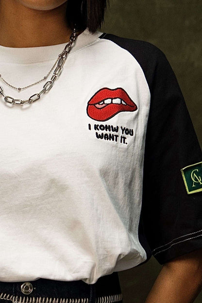 Tease Classic T-shirt (Unisex): close-up of the red lips chest graphic
