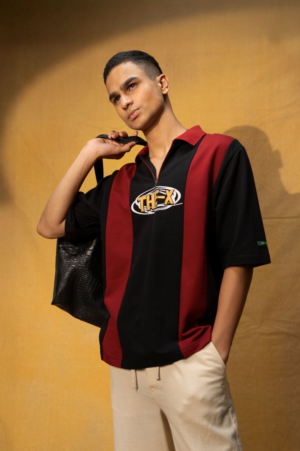 Drunk Freaks Lounge Polo (Unisex): model wearing the striped polo, front view