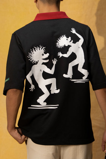Drunk Freaks Lounge Polo (Unisex): back view on a model showing the white dancing figures