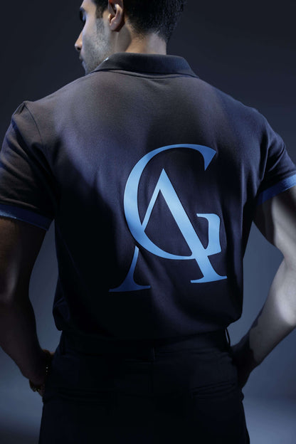 Ash Sky Classic Polo (Unisex): back view on a model showing the blue AG monogram