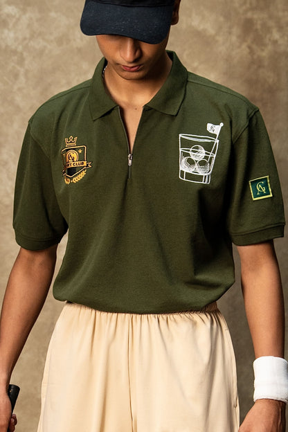 The 18th Hole Classic Polo (Unisex): model wearing the olive green polo, front view