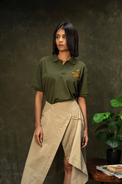 Death Sting Classic Polo (Unisex): model wearing the olive green polo, full-length front view