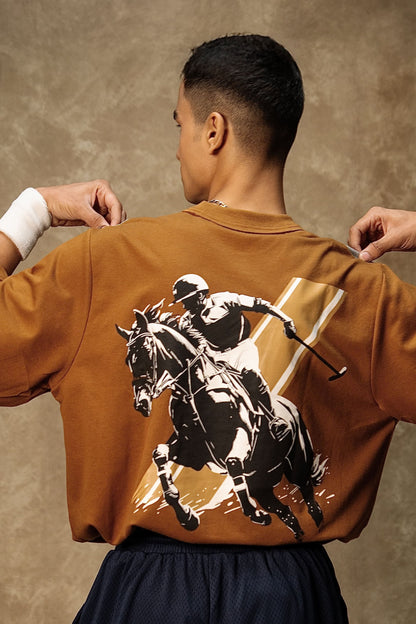 Chukker Charge Lounge T-shirt (Unisex): model wearing the brown T-shirt, back graphic view
