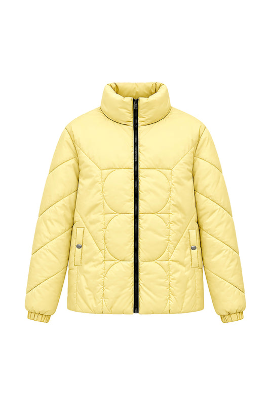 Salted Butter Puffer Jacket in salted butter yellow with curved & geometric quilting by AG THEXCEPTIONAL